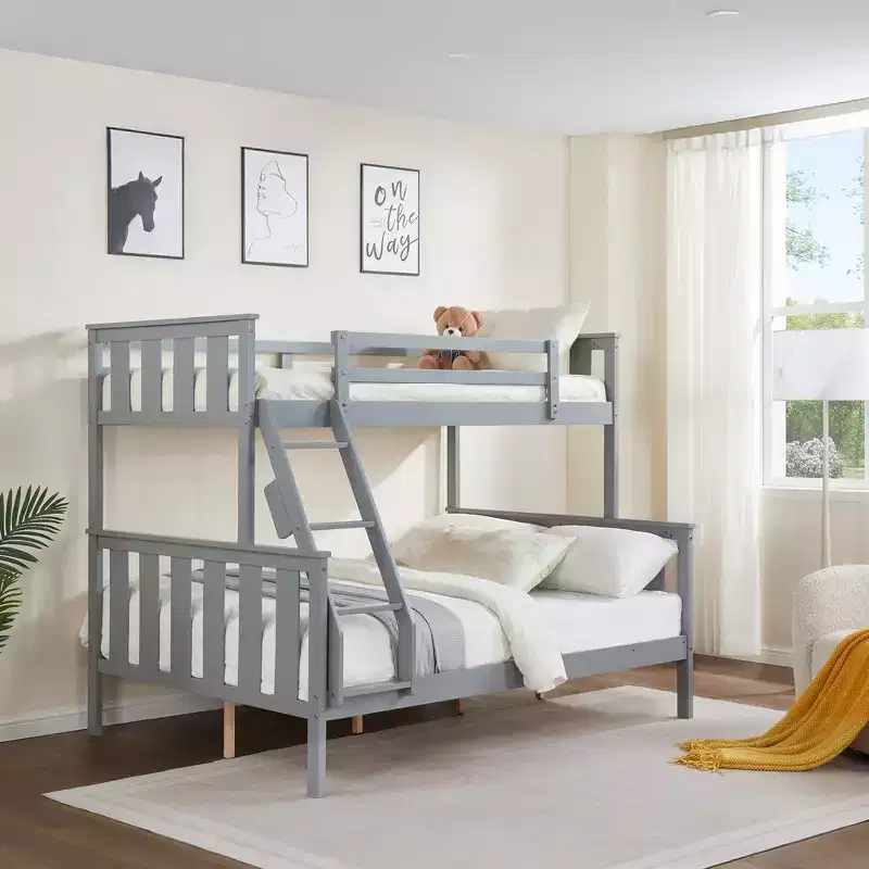 MAYEERTY Twin over Full Bunk Bed for Kids, Wooden Bed Frame with High Guardrail and Ladder, No Box Spring Needed, Gray