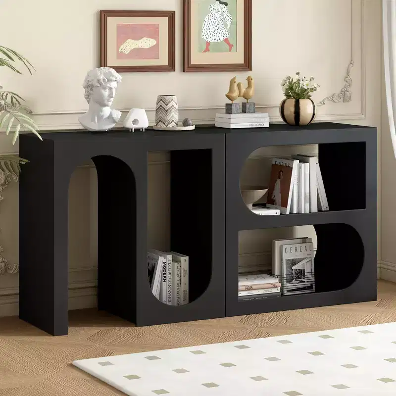 Modular Console Table, Narrow Long Sideboard Table, Foyer Table Entryway Table with Rectangular Exterior and Curved Design for Living Room, Black