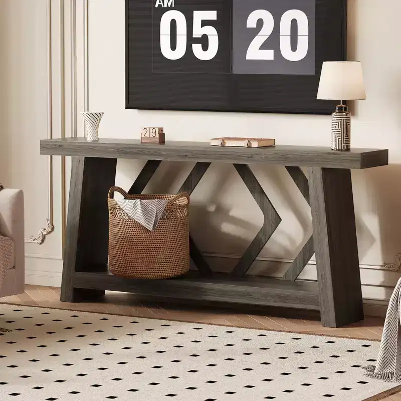 70.9 All-Wood Console Table - 2-Tier Narrow Entryway & Hallway Table - Rustic Brown Farmhouse Sofa Table with Trapezoid Legs