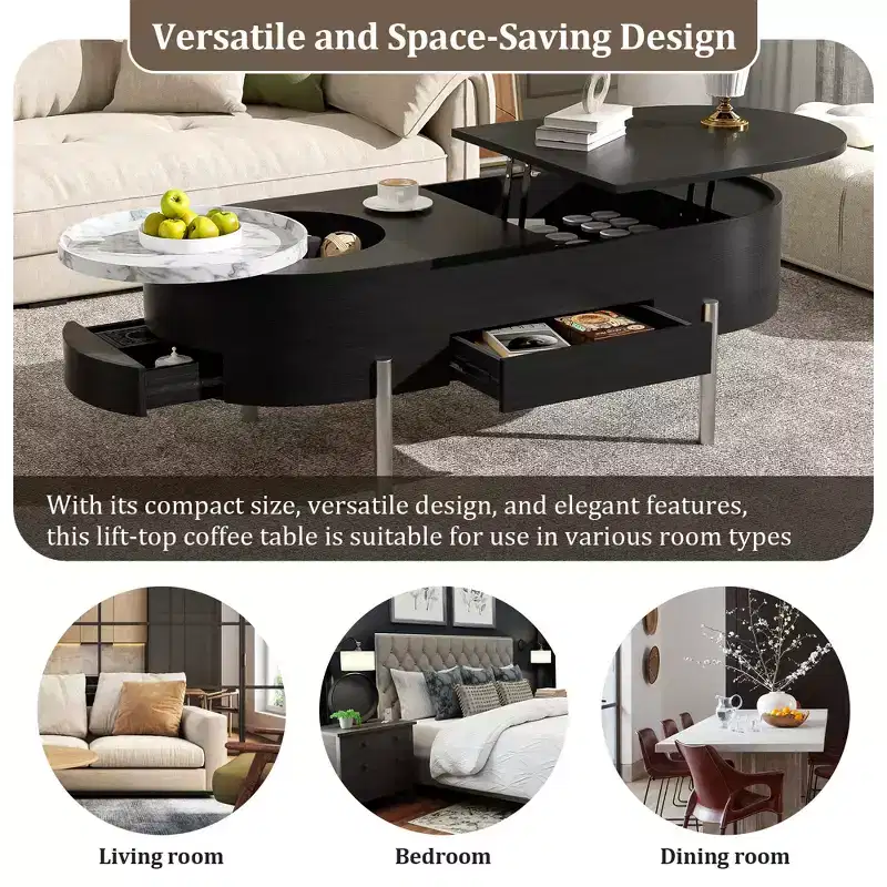 Lift Top Coffee Table Wooden Center Table with 360 Marble-patterned Rotating Tray, 3 Drawers and Hidden Compartment, Brown/Black-ModernLuxe
