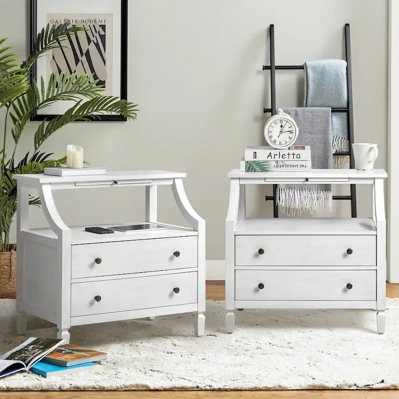 2 - Drawer Nightstand with Built-In Outlets and Pull-out Tray of 2