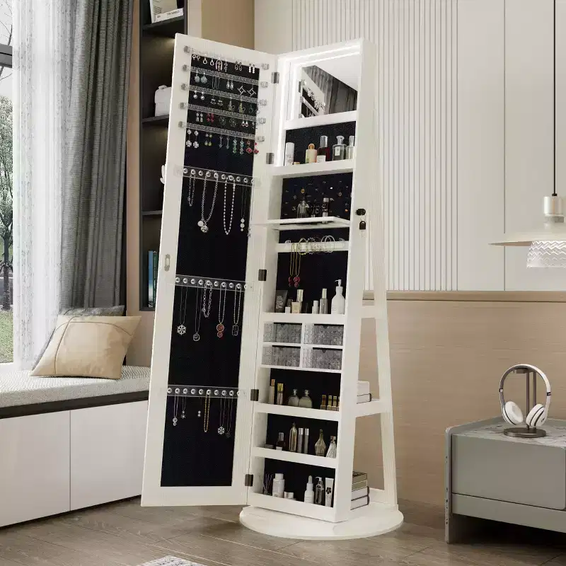 JVNOXK 360 Rotating Vertical Jewelry Cabinet Storage Rack 360 Rotating Jewelry Cabinet with Full-Length Mirror Lockable Storage Cabinet White