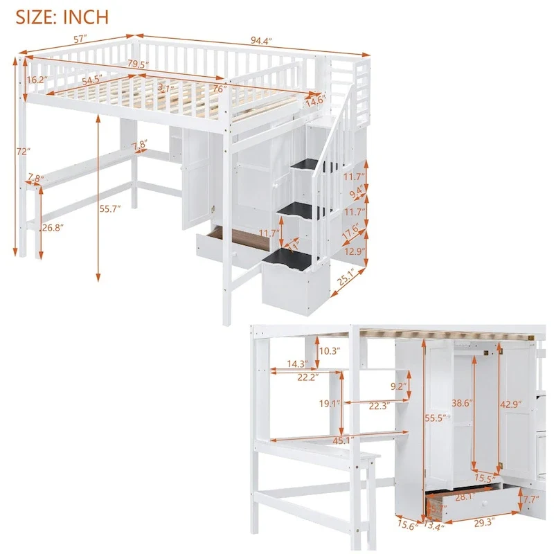 Full Loft Beds Stairway Loft Bed Frame with Wardrobe, Desk, Bookshelf and Drawers