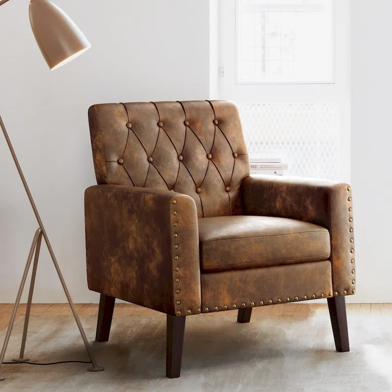 LUE BONA Linen Accent Chair Comfy Living Room Chair with Arms Upholstered Button Tufted Armchair Modern Arm Chairs