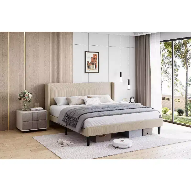 Bed Frame with Wingback Headboard, Velvet Upholstery Platform Bed,No Box Spring Needed