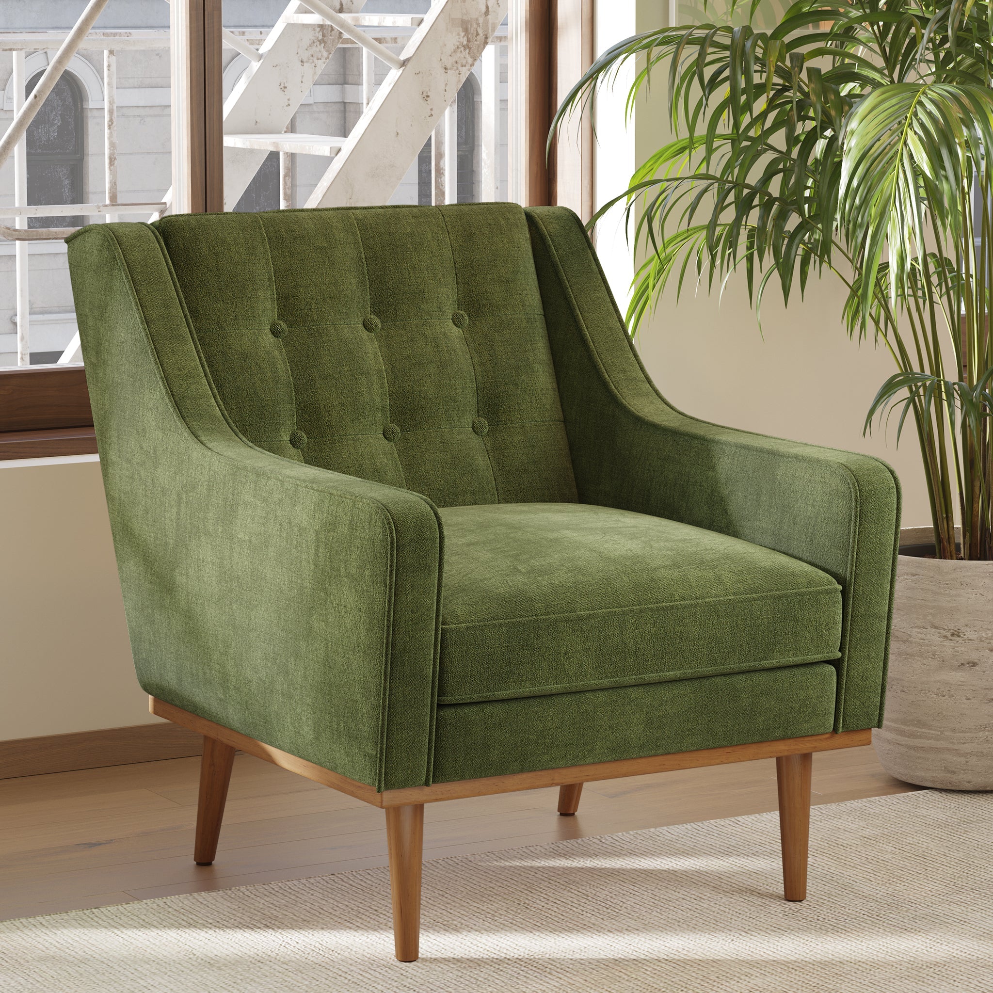Modern Distressed Green Fabric Lounge Chair with Tufted Back