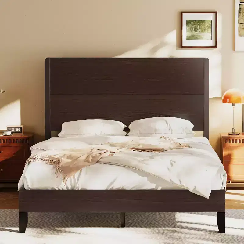 Dyonery Wood Queen Bed Frame, Platform Bed with Tall Headboard, Solid Wood Slat Support, Noise-Free Mattress Foundation, No Box Spring Needed