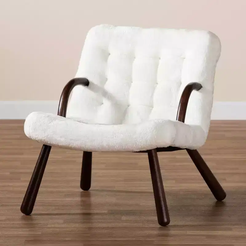 Eisa Faux Shearling Upholstered and Wood Accent Chair White/Walnut Brown - Baxton Studio