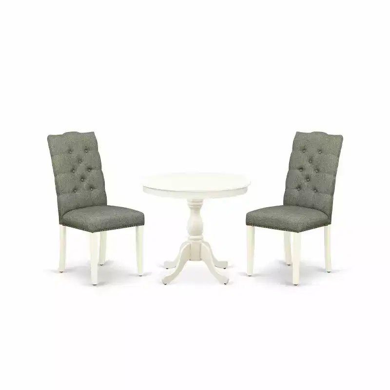 3-Piece Linen White Finish Solid Wood Top - Round Button Tufted Dining Room Set - Seats 4