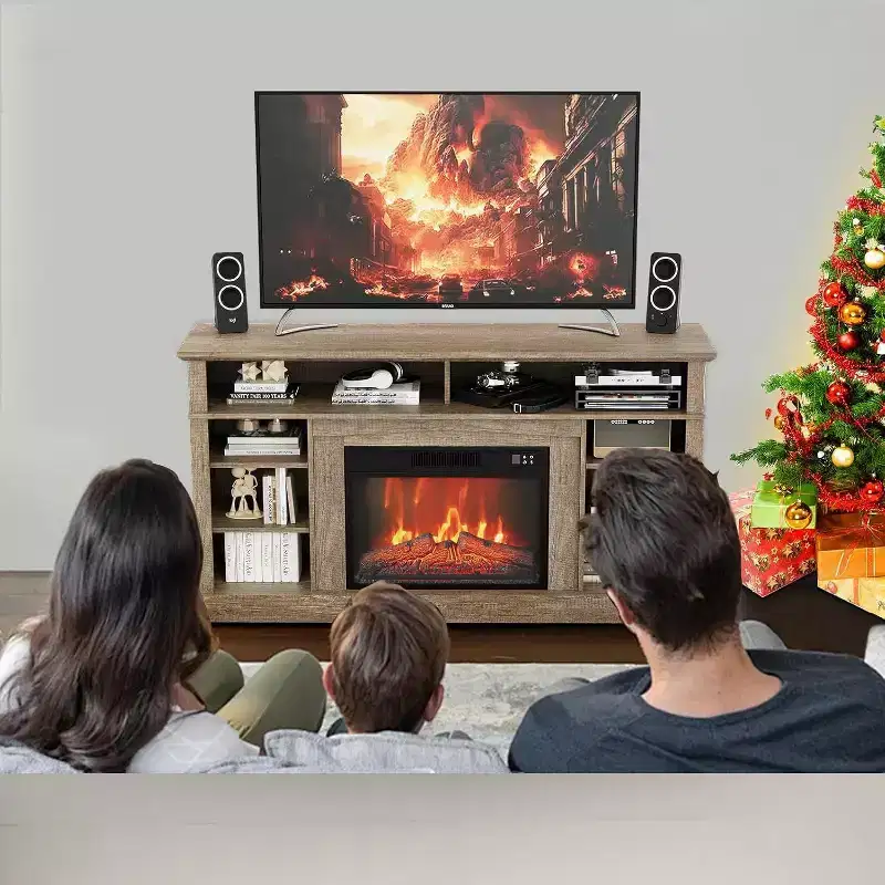 58 Farmhouse TV Stand Console Cabinet with Storage Shelves, 23 Fireplace with 3 Level Adjustable Flame for Living Room