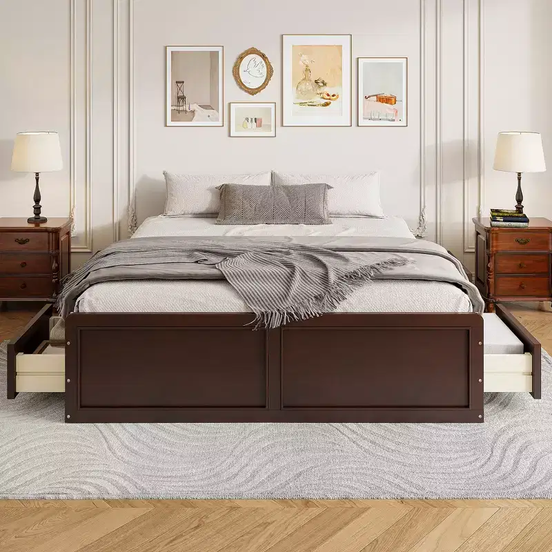 FAMYYT Queen Size Wood Platform Bed with 6 Drawers, No Box Spring Required, Easy Assembly, Espresso