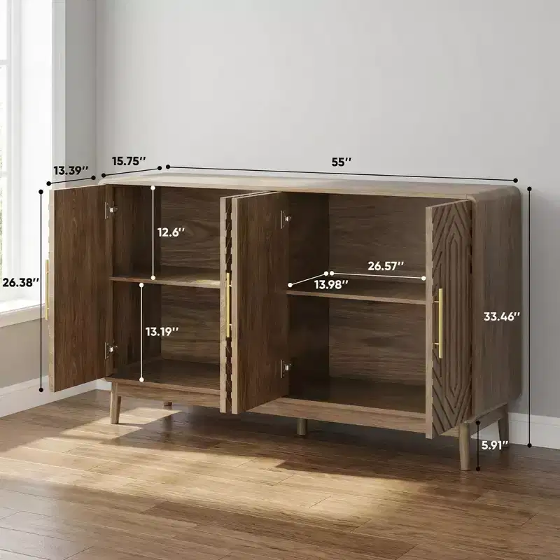 JVNOXK 4-Door Carved Sideboard Buffet Cabinet with Storage & Adjustable Shelves