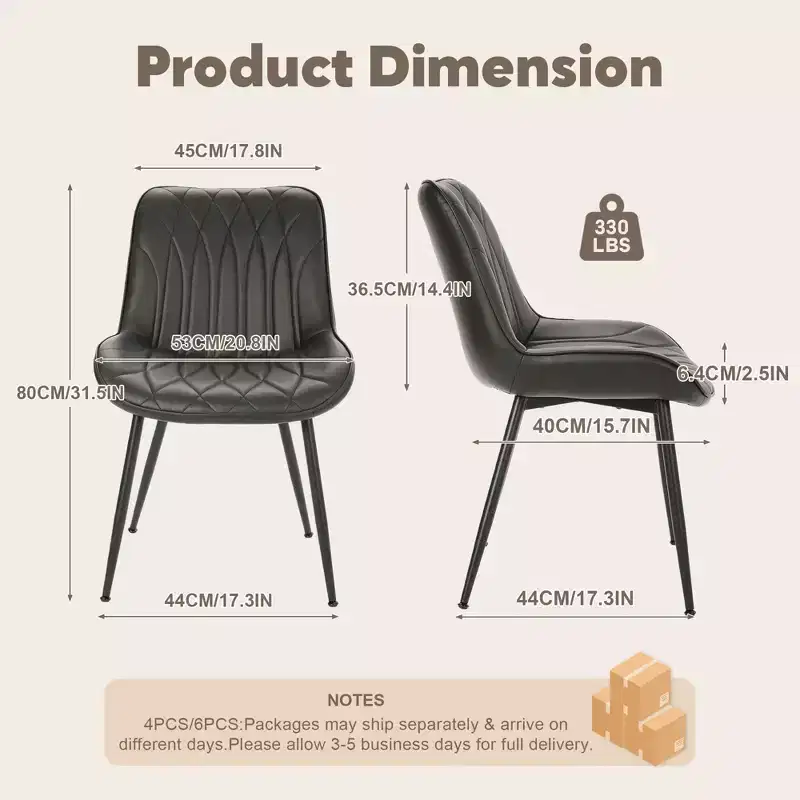 Mid Century Modern Dining Chairs Set of 4/6, Faux Leather Upholstered Kitchen & Dining Room Chairs with Backrest and Metal Legs, for Guest Reception