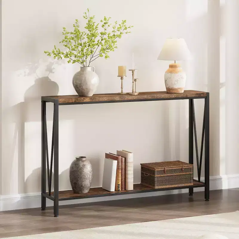 Console Table with Storage, Narrow Entryway Table C Rustic Side Table with Metal Frame for Hallway, Living Room, Bedroom