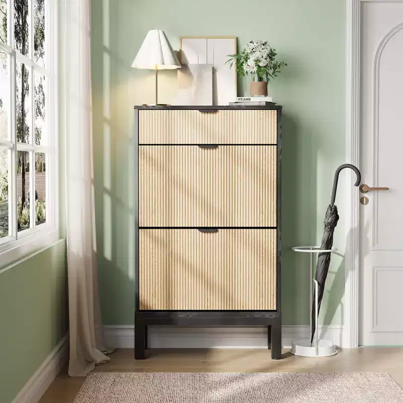 Metal Slim Fluted Shoe Cabinet with 2 Flip Doors & 1 Drawer