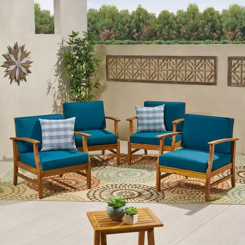 Perla 4pk Acacia Wood Club Chairs - Teak/Blue - Christopher Knight Home
