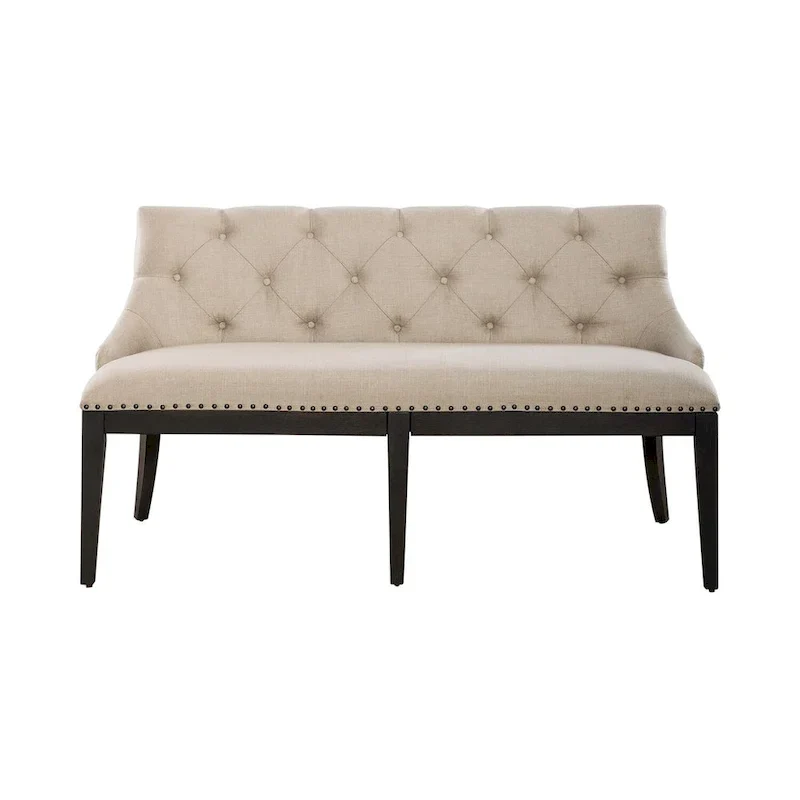 Black Upholstered Shelter Dining Bench with Tufted Back and Nail Head Trim