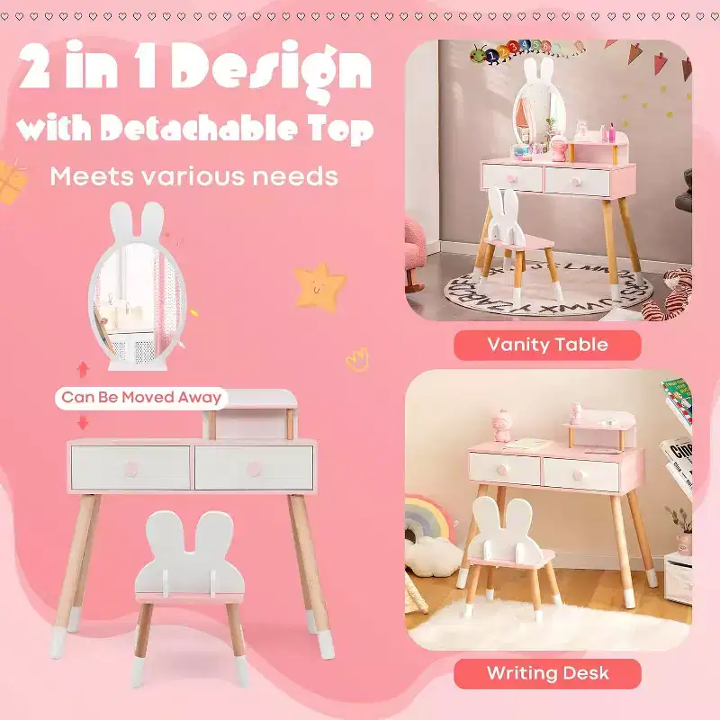 BALHAM TRADE-Rabbit Themed Kids Vanity Set White Wooden Makeup Table Chair w 2 Large Drawers