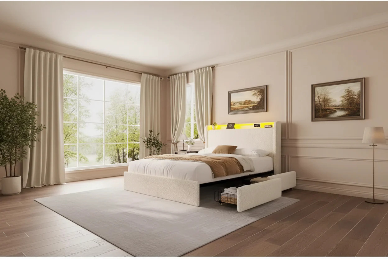 Full Bed Frame,Charging Station & LED Lights,Upholstered Platform Bed Frame,4 Storage Drawers,Solid Wood Slats Support,No Box Spring Needed