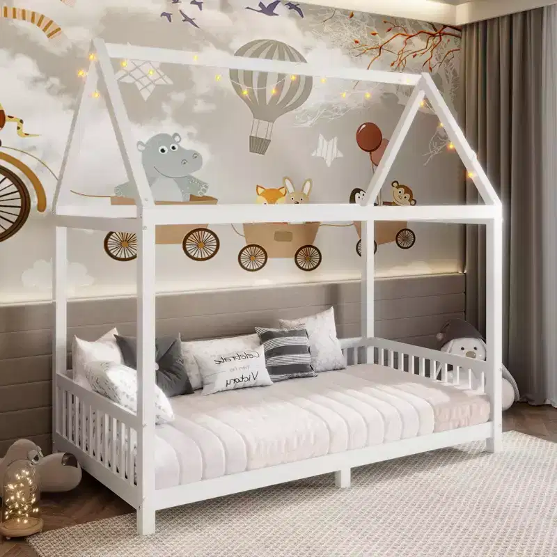 Bellemave LED Twin Size House Bed ,Montessori Floor Bed ,Wooden Bed Frame with Slats and Fence, for Girls,Boys,White