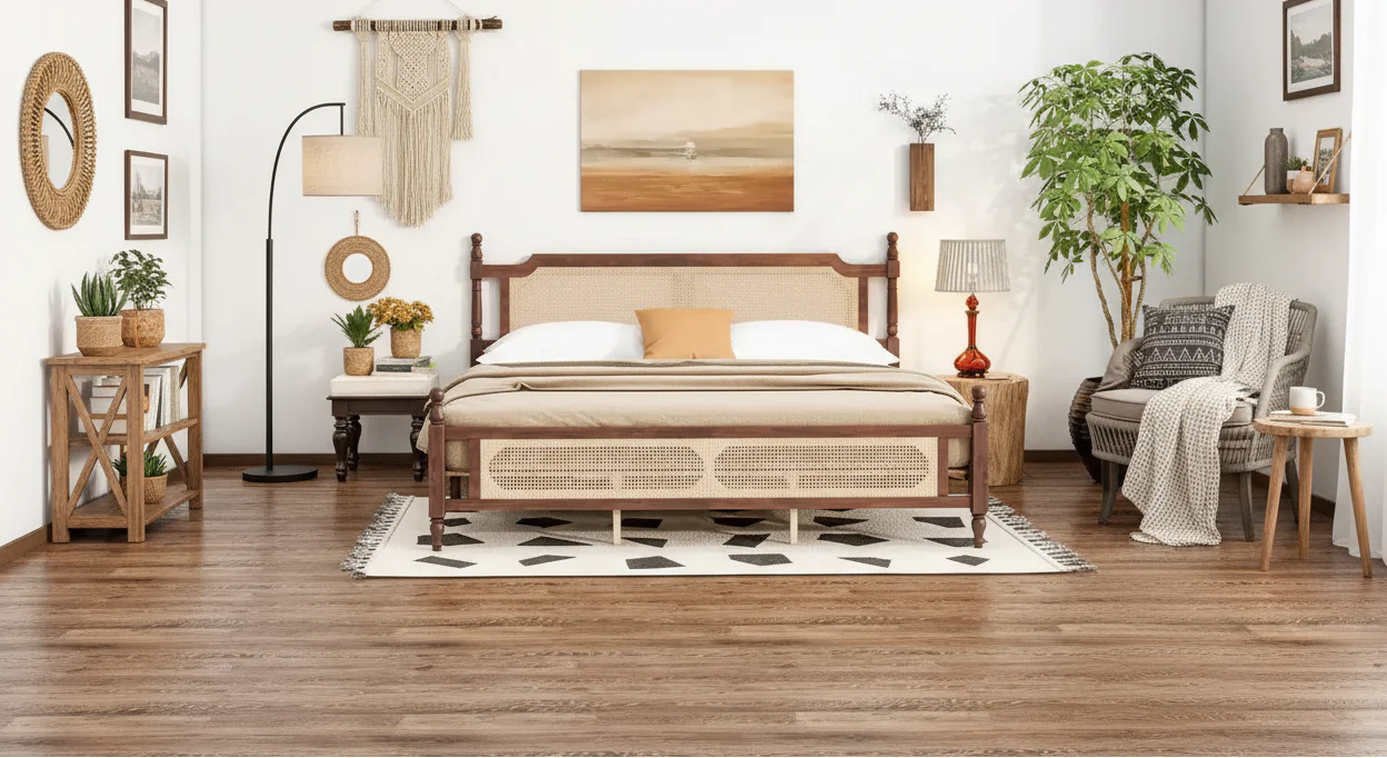 King Pine Wooden Bed with Rattan Headboard and Footboard Brown