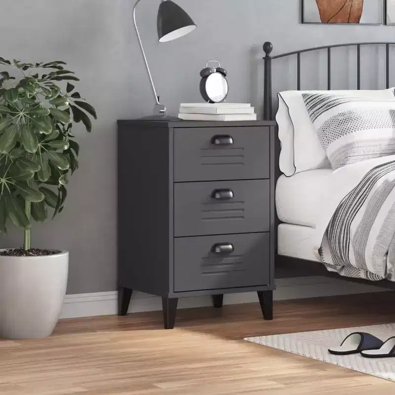 Bedside Cabinet Accent End Table, Bedroom Furniture, Engineered Wood, White Anthracite Gray