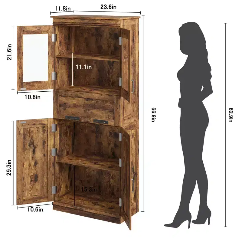 66.9 Large Bathroom Cabinet with 4 Doors, Freestanding Storage Cabinet with Glass Doors, Adjustable Shelves & Drawers for Kitchen Pantry Living Room