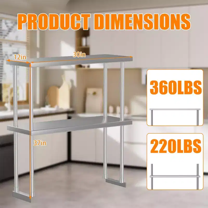 Commercial Double-Layer Stainless Steel Workbench Stand, Adjustable Double-Layer Design, Suitable for Restaurants, Kitchens, Garages and Workshops