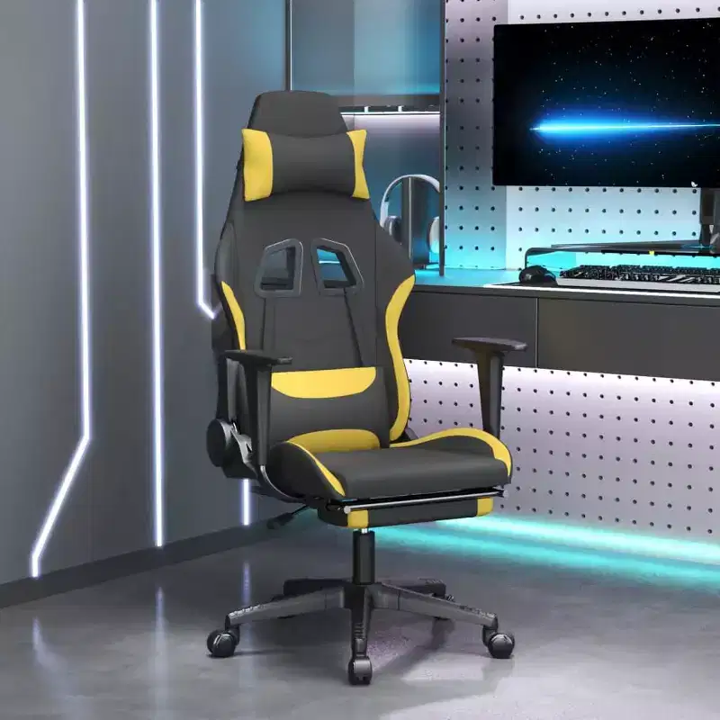 vidaXL Massage Gaming Chair with Footrest, Black and Yellow, Fabric