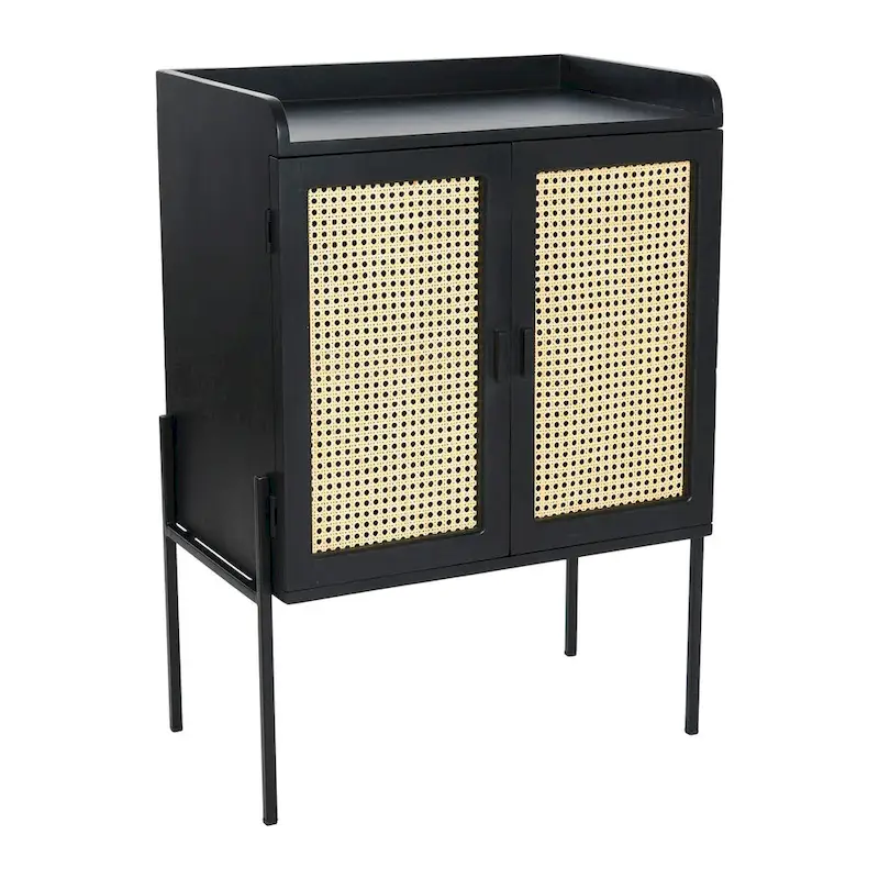 Solid Wood Bar Cabinet with Metal Legs and Woven Cane Doors