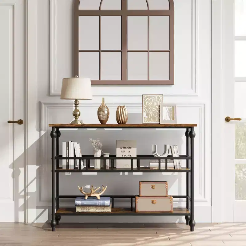 Table 43, 3-Tier Industrial Entryway Table, Narrow Entrance Sofa Table with Shelves