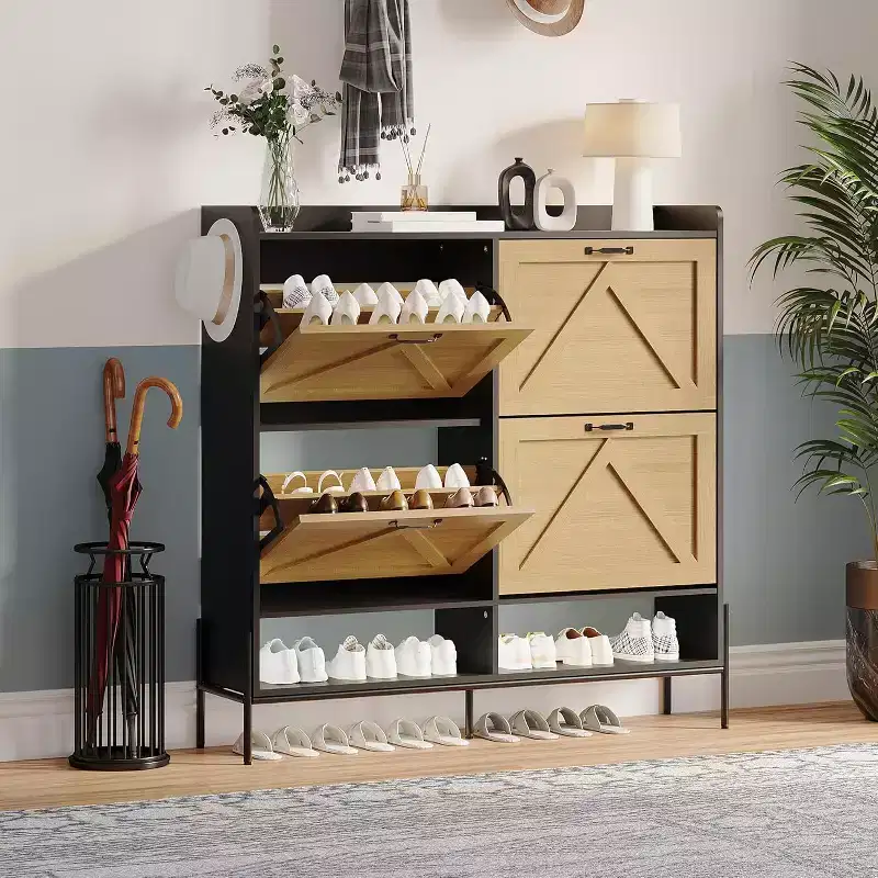 Black + Wood / Retro Shoe Cabinet with 4 Flip Drawers – Freestanding, Holds 28 Pairs