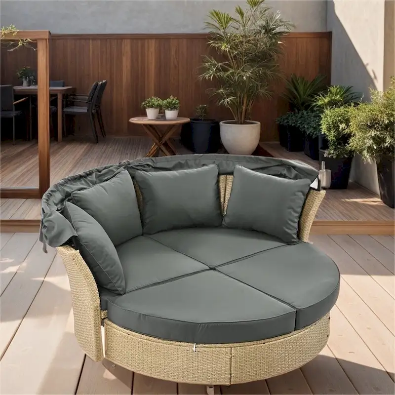 Patio Wicker Rattan Daybed Set with Retractable Canopy and Pillows