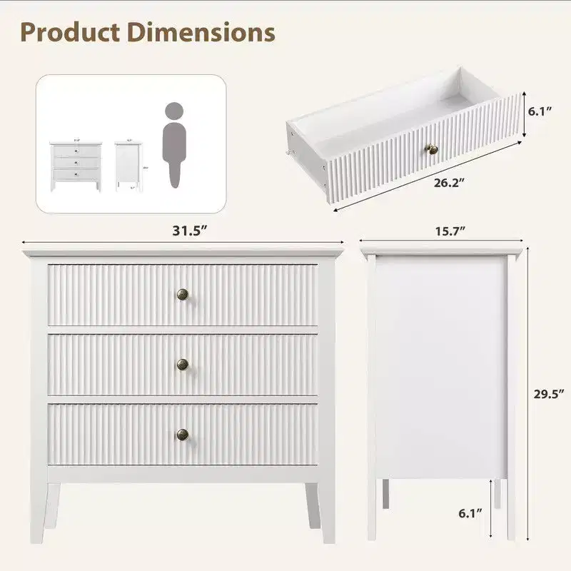 Black Fluted 3 Drawer Dresser,Modern with Vertical Texture Wood Dresser for Bedroom, Living Room, Entryway