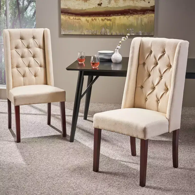 Set of 2 Dining Chairs Upholstered Chairs Armless Chairs with High Wingback & Button Tufted Diamond Stitching, Blue/Beige/Gray/Brown/Red/Black-Merax