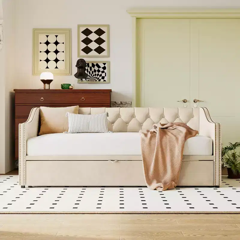 Okak Twin Size Daybed with Pop Up Trundle Upholstered Bed Sofa Bed Frame with Backrest for Living Room Bedroom Guest Room