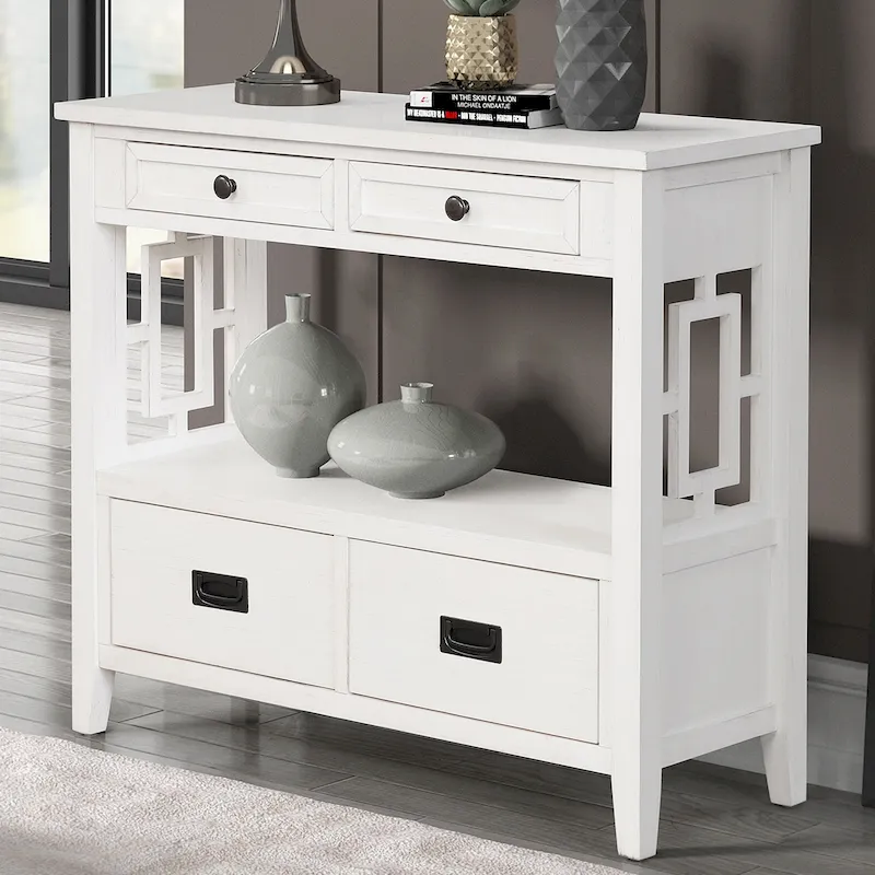 36 Farmhouse Pine Wood Console Table Entry Sofa Table with 4 Drawers & 1 Storage Shelf
