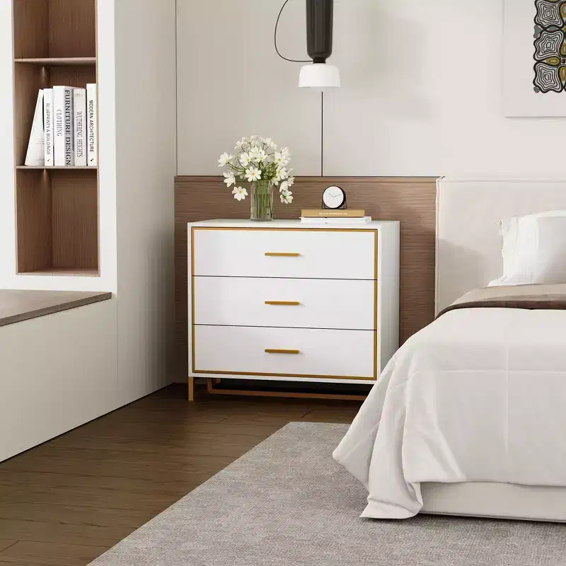 3-Drawer Modern Nightstand with Open Metal Frame, Black & Gold Finish, 28.7