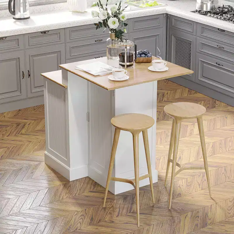 with Storage Cabinet and 2-Level Rubber Wood Tabletop, Island Table with Adjustable Shelves and Drawers, White