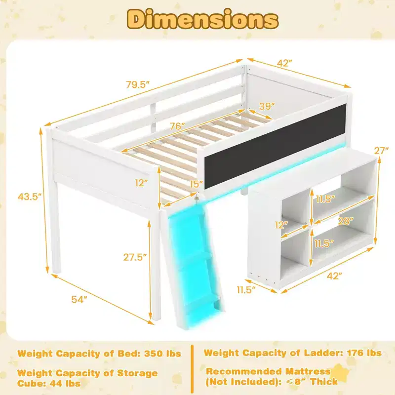 Costway Kids Loft Bed w/LED Lights Chalkboard & Removable Bookcase Safety Guardrail