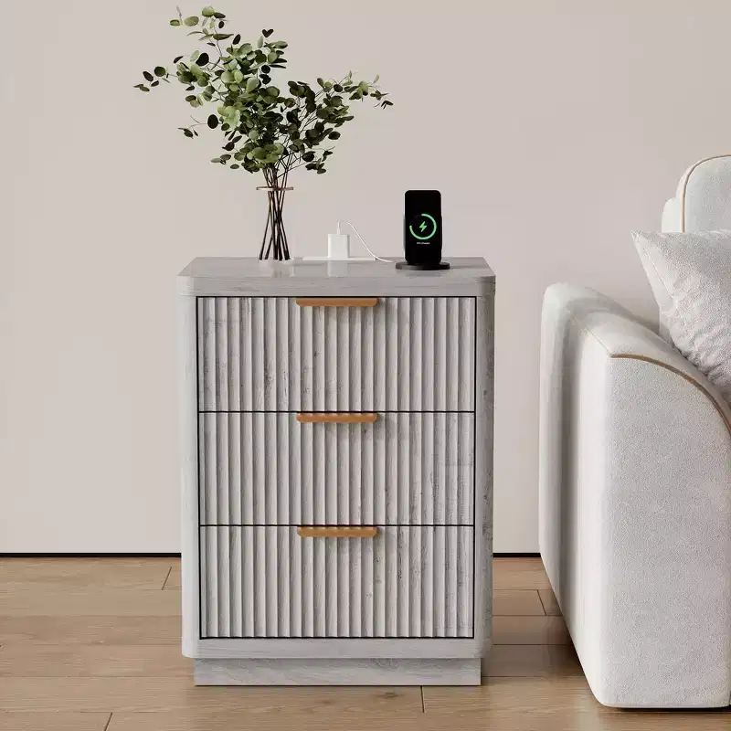 Mid Century Fluted Nightstand with 3 Drawers, Wood Bedside Table with Curved Edges, Modern End Table for Bedroom or Living Room