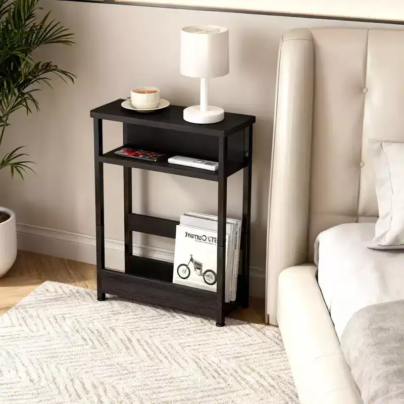 Slim 3-Tier Industrial Side Table  Space-Saving End Table with Storage Shelves & Magazine Rack for Living Room or Bedroom