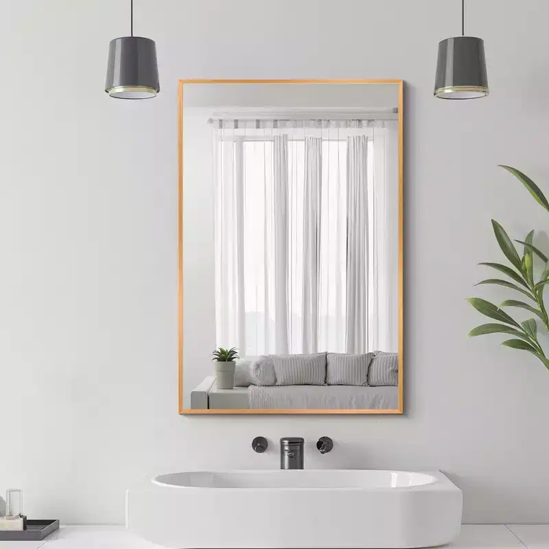 1-Piece 36 In.H x 24 In.W Aluminum Alloy Thin Edged Right Angled Rectangle Gold Hanging Mirror Wall Mirror