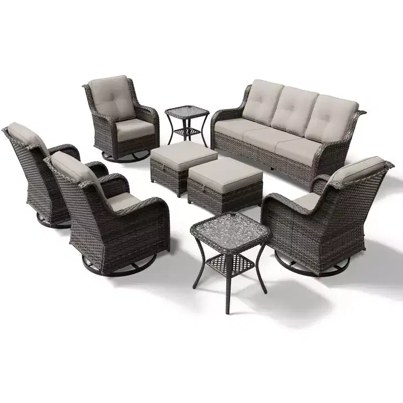 UPTIOT Premium 3-Seat Outdoor Sofa Set with 4 Swivel Chairs, 2 Ottomans & Side Tables