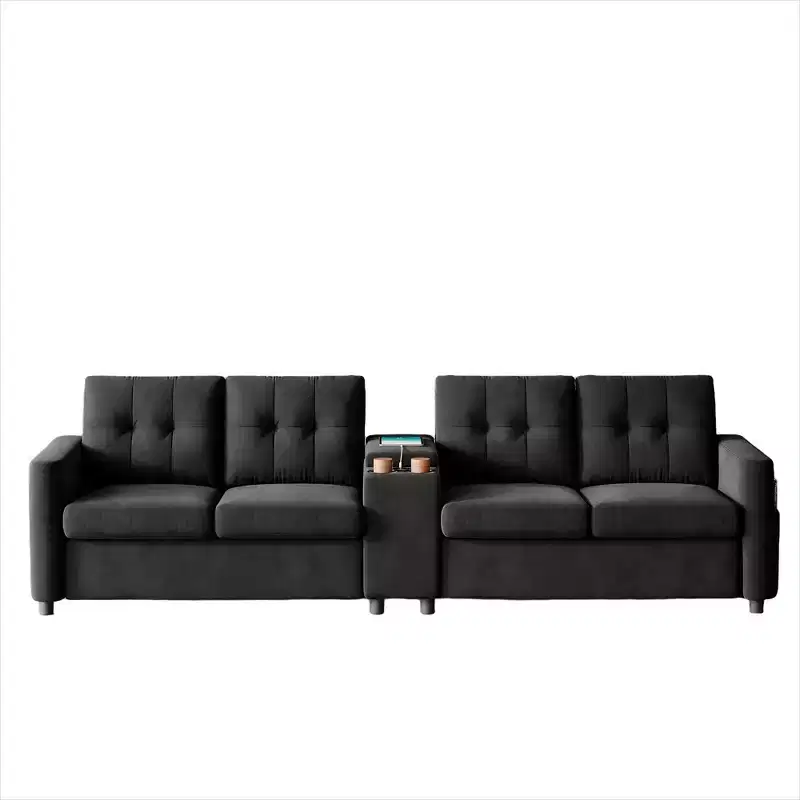 115 Sectional Sofa with Center Console, Cup Holders, Tufted Cushions & Storage Pocket, Spacious 4-Seater Couch for Apartment, Lounge