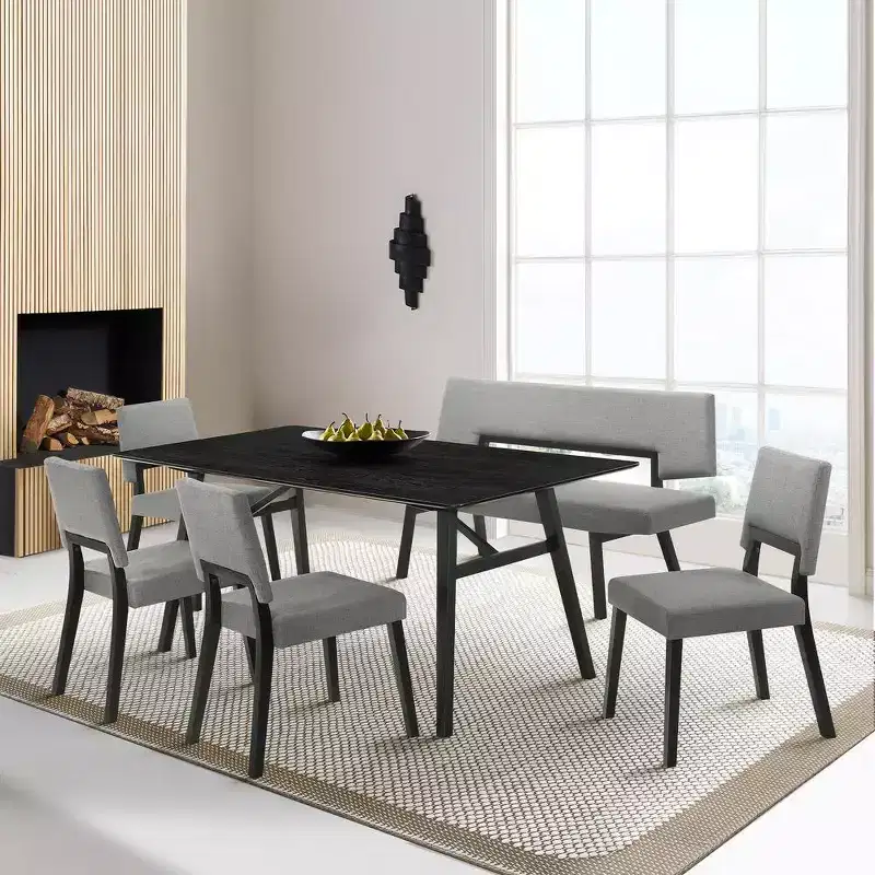 Armen Living,Channell Wood Dining Chair in Black Finish with Charcoal Fabric - Set of 2