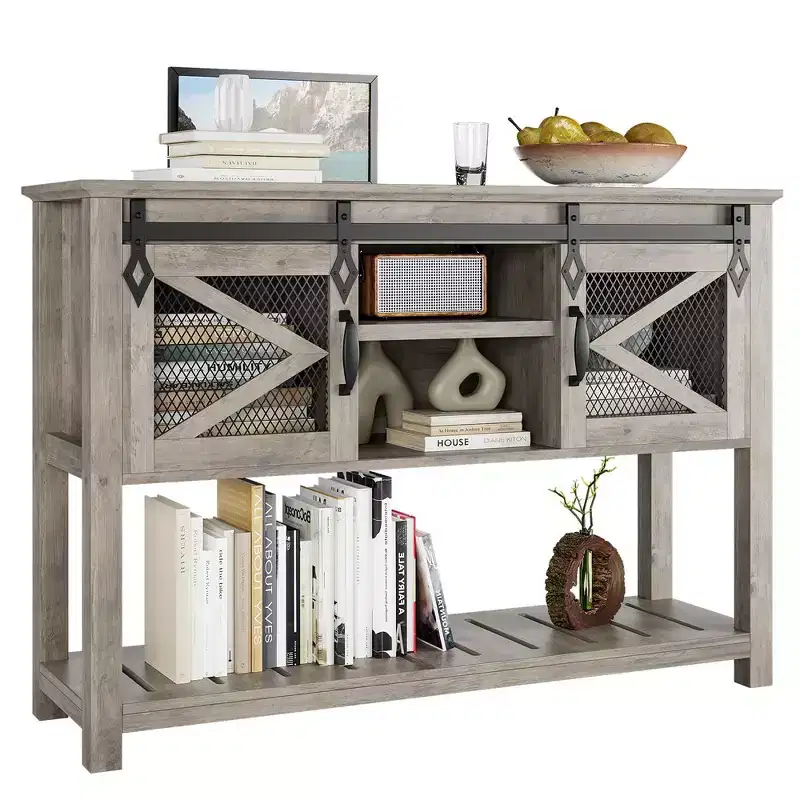 Farmhouse Entryway Table with Sliding Barn Doors, Sofa Table with Storage and Open Shelf, Console Tables for Entryway, Hallway