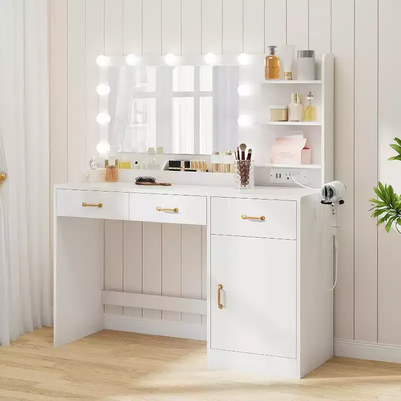 Vanity Desk with Mirror, LED Lights and Power Outlet Makeup Table with 3 Drawers and Storage Shelves Dressing Table, White.
