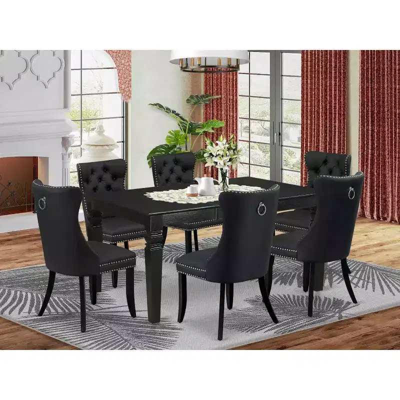 HomeStock Kitchen Dining Table Set Rectangle Table 6 Chairs Black Dark Gray
