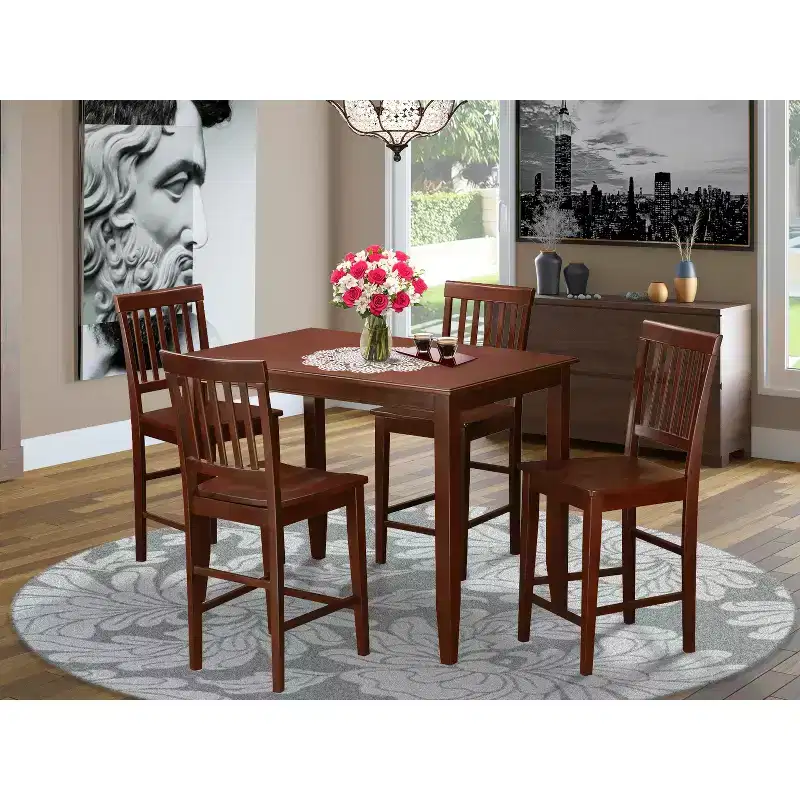HomeStock Belmont 3 Piece Kitchen Counter Height Dining Table Set, Rectangle Pub Table and 2 Chairs, 30x48 Inch, Mahogany